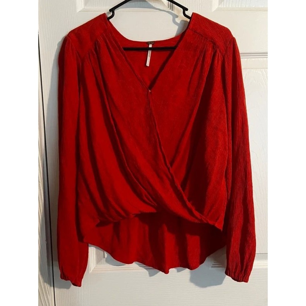 Free People, Flame Orange Red Textured Surplice Wrap Blouse, Long Sleeve